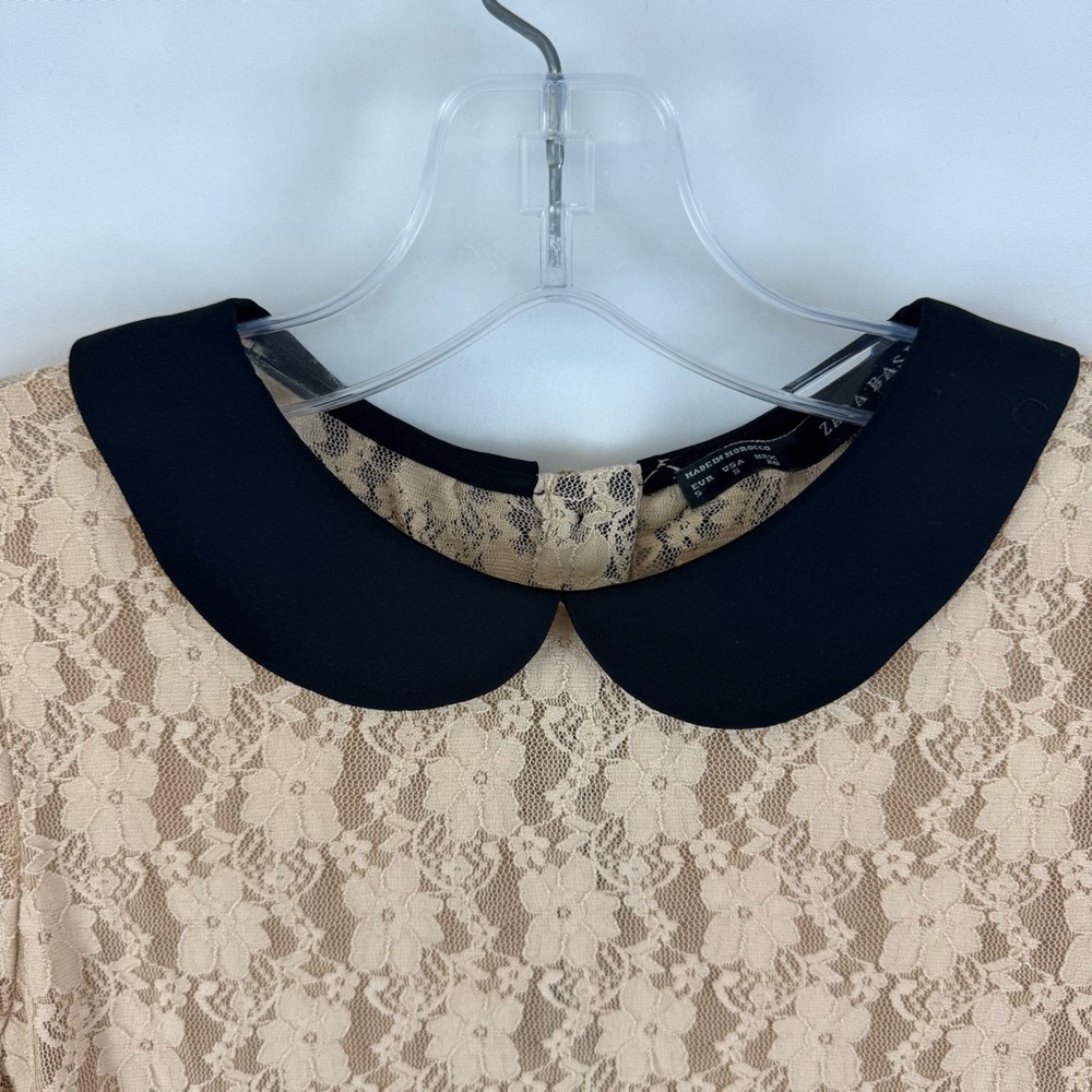 Zara Basic Beige Lace Peter Pan Collar Top Short Sleeve Size S NWT - Picture 6 of 12